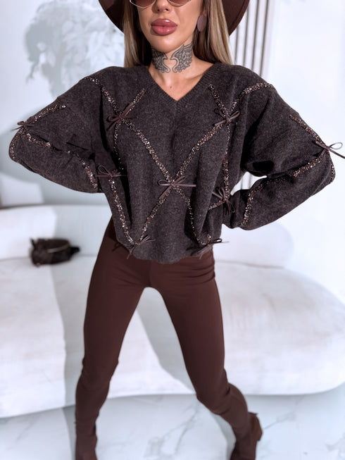 Knitted sweater "GLITTER BOW MO-4006" - CHOCO